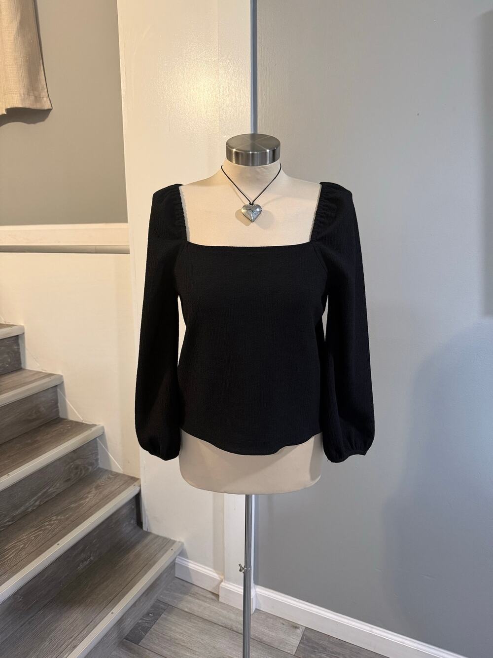 Madewell Black Square Neck Puff Sleeve Top Blouse Size Small
